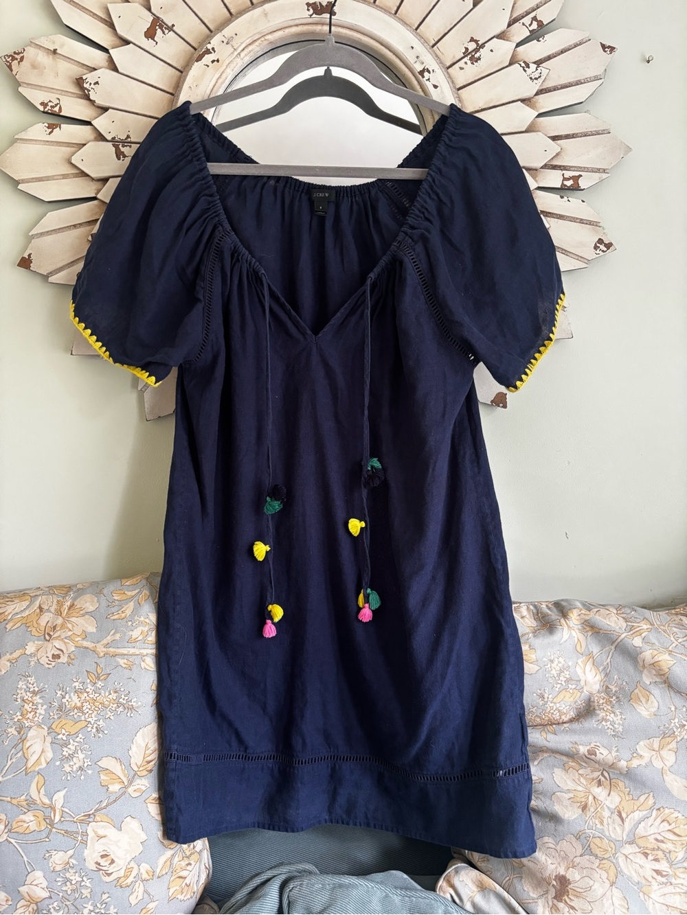 J. Crew Linen Cotton Pom Pom Swim Coverup Dress Navy Blue Size Small